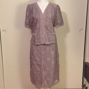 Lavender Silk Layered Lace, Pearl and Crystal Two-Piece Blouse and Skirt Set